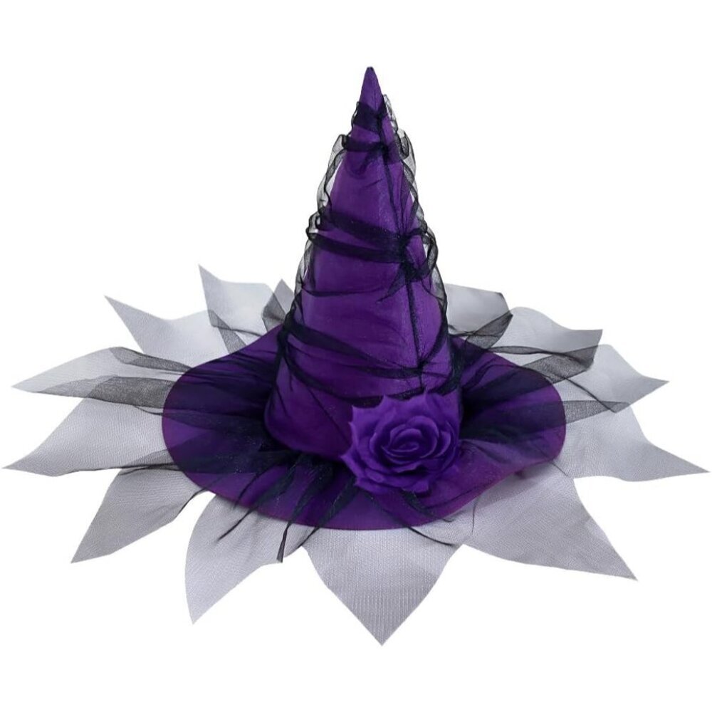 Halloween Witch Hat Cotton Ruched Roses Veil Costume Accessory for Women